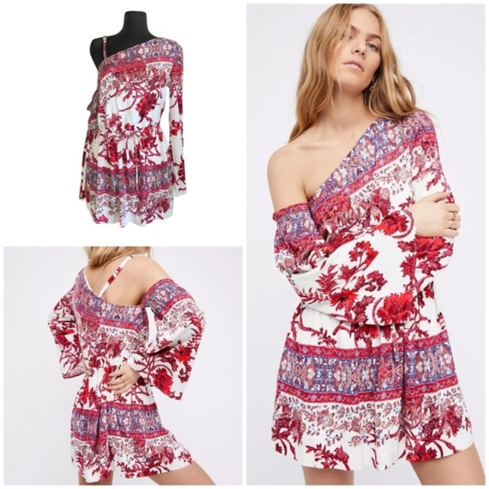 Free People White and Red Floral Off-Shoulder Mini Dress